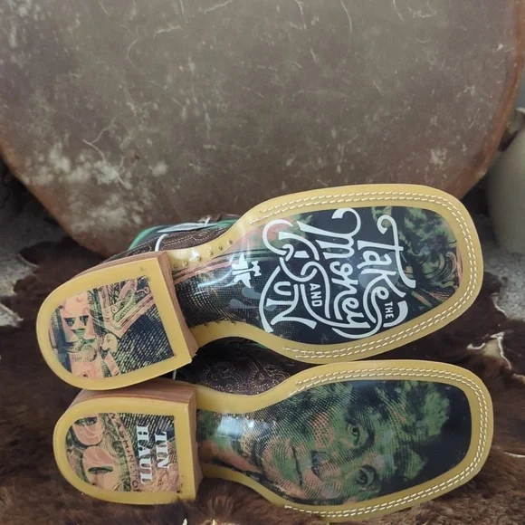 TIN HAUL men's DEUCE money themed square toe leather cowboy boot sz 13EE NWT